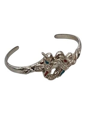 Vintage Turquoise Inlay Unicorn Cuff Bracelet Silver-tone Estate Costume Jewelry